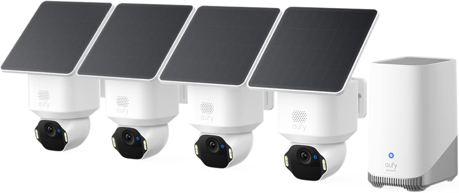 eufy SoloCam E42, kamera do monitoringu zewnętrznego 4K, HomeBase S380, zasilanie solarne, śledzenie ruchu AI, stroboskop, funkcja panoramowania i pochylania, wykrywanie twarzy | 360° obracanie AI śledzenie, stroboskop, bezprzewodowe, HomeBase S380, zestaw 4-CAM - obrazek 2