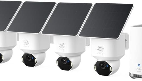 eufy SoloCam E42, kamera do monitoringu zewnętrznego 4K, HomeBase S380, zasilanie solarne, śledzenie ruchu AI, stroboskop, funkcja panoramowania i pochylania, wykrywanie twarzy | 360° obracanie AI śledzenie, stroboskop, bezprzewodowe, HomeBase S380, zestaw 4-CAM