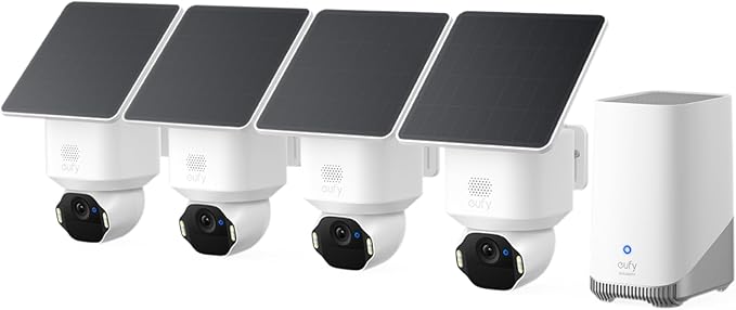 eufy SoloCam E42, kamera do monitoringu zewnętrznego 4K, HomeBase S380, zasilanie solarne, śledzenie ruchu AI, stroboskop, funkcja panoramowania i pochylania, wykrywanie twarzy | 360° obracanie AI śledzenie, stroboskop, bezprzewodowe, HomeBase S380, zestaw 4-CAM