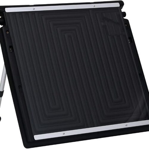 Kolektor solarny do basenu, 75 x 75 cm, wykonany z polietylenu i aluminium, z regulowanymi nóżkami podporowymi 40°-60°, pojemność 5 l, przyłącze węża 32/38 mm, ogrzewanie solarne do basenów i
