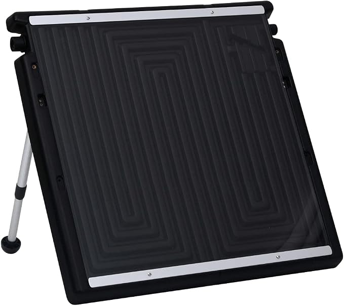 Kolektor solarny do basenu, 75 x 75 cm, wykonany z polietylenu i aluminium, z regulowanymi nóżkami podporowymi 40°-60°, pojemność 5 l, przyłącze węża 32/38 mm, ogrzewanie solarne do basenów i