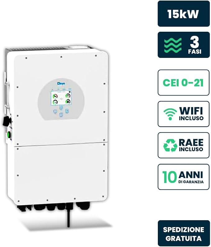 Trójfazowy falownik fotowoltaiczny, wysokie napięcie, hybrydowy On-Grid/Off-Grid, certyfikat CEI 0-21, wbudowany inteligentny miernik, WiFi i TA w zestawie, 10 lat , IP65 (15 kW) - obrazek 4