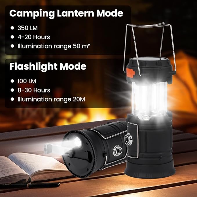 HOTUT Latarka kempingowa, ładowalna lampa, przenośna latarnia słoneczna, latarka ze składanym uchwytem, korbą i ładowarką USB, LED światło na kemping, piesze - obrazek 4
