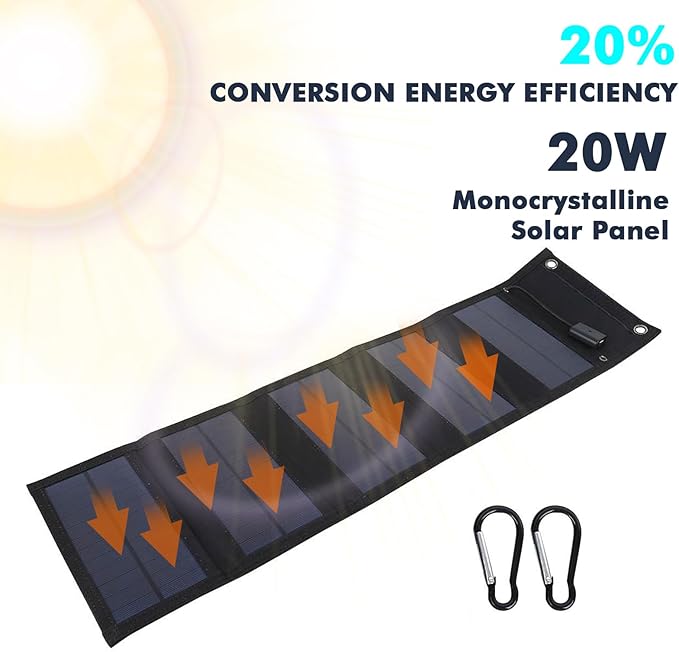 BuyWeek Składany panel słoneczny 20 W, ładowarka do przenośnego panelu słonecznego 5 V USB, ładowarka solarna do telefonu komórkowego, ładowarka solarna na kemping, do aktywności na świeżym powietrzu - obrazek 3
