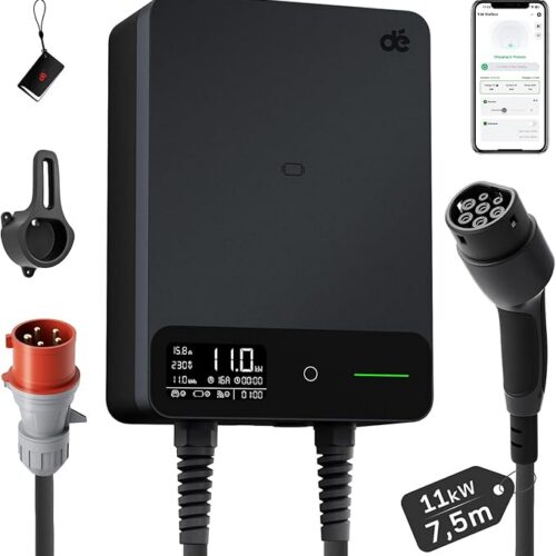 Stacja ładująca do samochodów elektrycznych 11 kW z aplikacją [6-16 A, trójfazowa], Wallbox 11 kW z kablem ładującym typu 2, 7,5 m, RFID, stacja ładująca z RCD typu B i ochroną IP54 do modeli Y/3 i