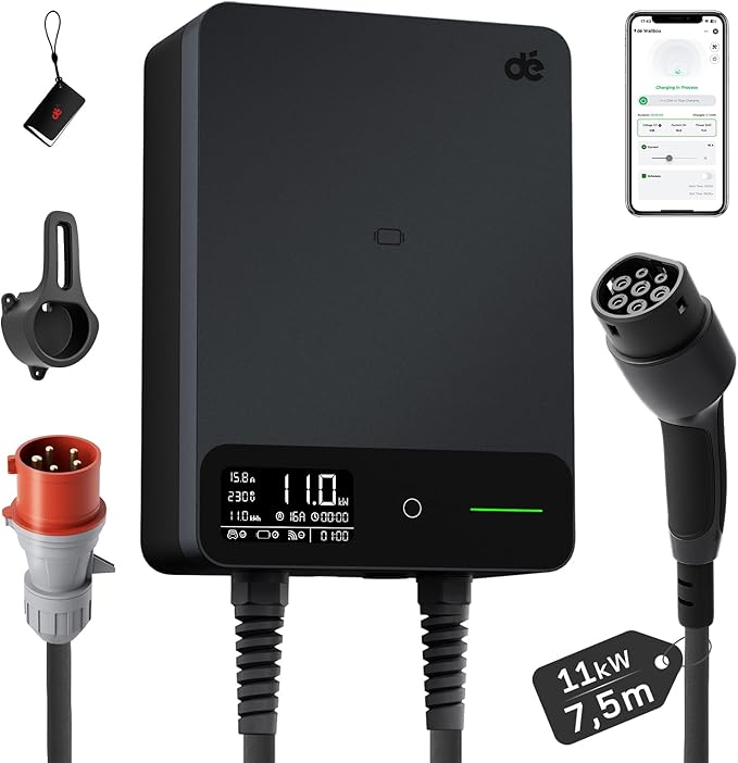 Stacja ładująca do samochodów elektrycznych 11 kW z aplikacją [6-16 A, trójfazowa], Wallbox 11 kW z kablem ładującym typu 2, 7,5 m, RFID, stacja ładująca z RCD typu B i ochroną IP54 do modeli Y/3 i