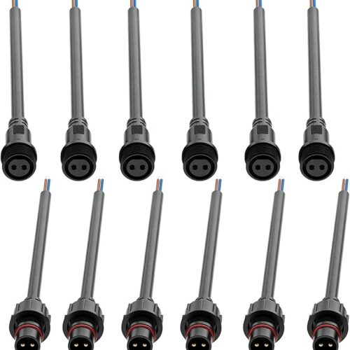 Powice 6 par złączy wtykowych, 2-biegunowe, męskie, żeńskie, 2-biegunowe, IP67, wodoodporne złącza elektryczne, 20 wtyków AWG LED, przedłużacz 20 cm do łańcuchów świetlnych LED