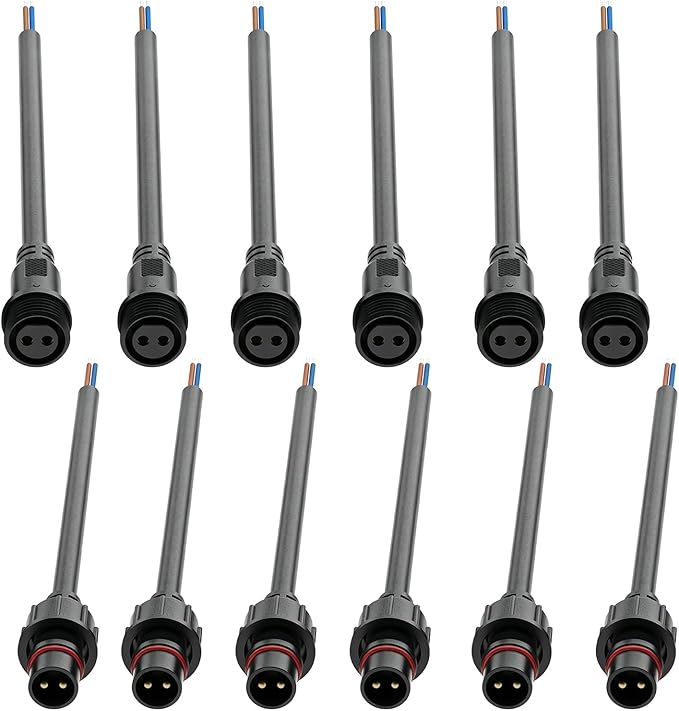 Powice 6 par złączy wtykowych, 2-biegunowe, męskie, żeńskie, 2-biegunowe, IP67, wodoodporne złącza elektryczne, 20 wtyków AWG LED, przedłużacz 20 cm do łańcuchów świetlnych LED
