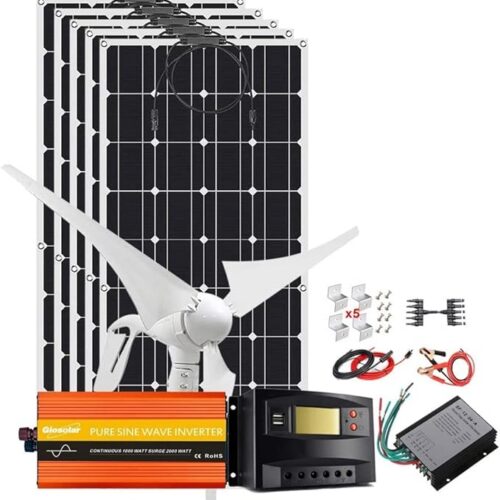 Zestaw paneli słonecznych 500 W Zestaw paneli słonecznych 12 V ładowarka akumulatorów z generatorem wiatrowym 400 W + 1 szt. 100 W elastyczne panele fotowoltaiczne, do przyczep kempingowych, łodzi k