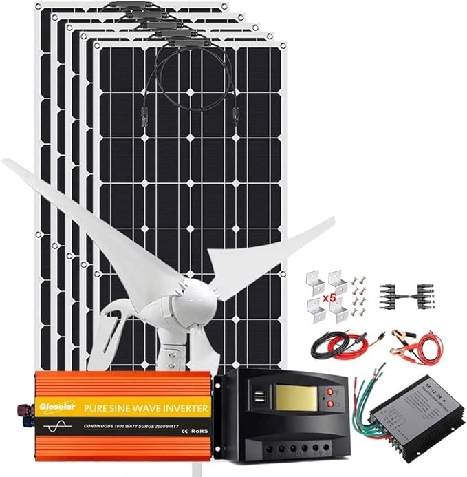 Zestaw paneli słonecznych 500 W Zestaw paneli słonecznych 12 V ładowarka akumulatorów z generatorem wiatrowym 400 W + 1 szt. 100 W elastyczne panele fotowoltaiczne, do przyczep kempingowych, łodzi k