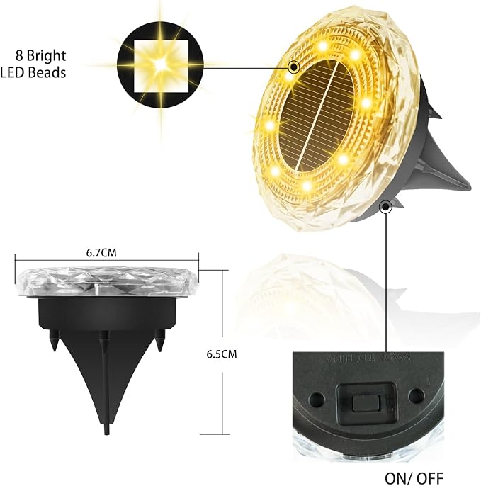 Solarne lampy podłogowe do użytku na zewnątrz, 8 sztuk, lampy solarne do ogrodu, 8 diod LED, wodoszczelne lampy solarne do użytku na zewnątrz, ciepła biel, oświetlenie ogrodowe, do ogrodu, na - obrazek 3