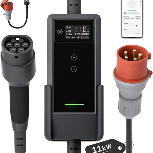 dé Mobile Wallbox 11 kW z aplikacją [7 m | 3-fazowa | 6-16 A] Kabel ładujący CEE 16 A do typu 2 z regulowaną mocą ładowania Ładowarka EV Wallbox 11 kW do modeli Y/3 e-tron i BEV/PHEV | Kabel do ładowania do samochodu CEE-16A 400V na typ 2 z regulowaną mocą ładowania, ładowarka EV do BEV/PHEV