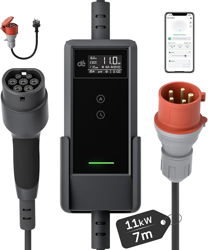 dé Mobile Wallbox 11 kW z aplikacją [7 m | 3-fazowa | 6-16 A] Kabel ładujący CEE 16 A do typu 2 z regulowaną mocą ładowania Ładowarka EV Wallbox 11 kW do modeli Y/3 e-tron i BEV/PHEV | Kabel do ładowania do samochodu CEE-16A 400V na typ 2 z regulowaną mocą ładowania, ładowarka EV do BEV/PHEV