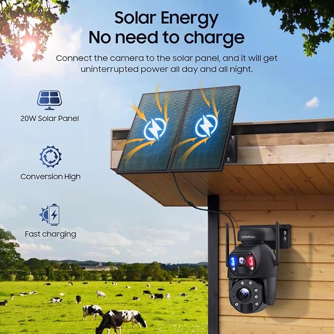 SHIWOJIA Zewnętrzna kamera 6 MP z dwoma obiektywami, 4G LTE Solar Surveillance Camera z 20 W panelem słonecznym 20 000 mAh, 20 x zoom noktowizor kolor, IP66 - obrazek 5