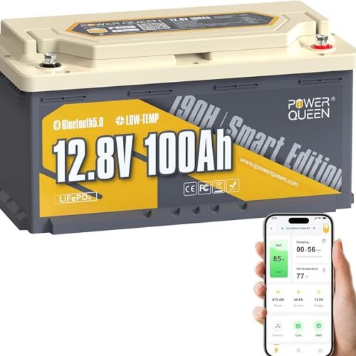 Power Queen LiFePO4 bateria litowa 12V 100Ah Bluetooth H190, DIN H8 L5, bateria głębokocyklowa 1280Wh z systemem BMS 100A i ochroną przed niskimi temperaturami, idealna do kamperów, kempingu, przyczep