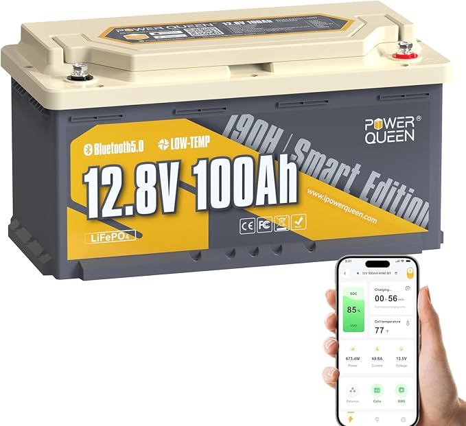 Power Queen LiFePO4 bateria litowa 12V 100Ah Bluetooth H190, DIN H8 L5, bateria głębokocyklowa 1280Wh z systemem BMS 100A i ochroną przed niskimi temperaturami, idealna do kamperów, kempingu, przyczep