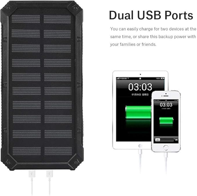 Ładowarka Powerbank, zapewnia dwa porty USB Solar Power Bank 20000 mAh Duża pojemność oszczędzania energii do podróży do szkoły domowej na zewnątrz (czarny) - obrazek 3