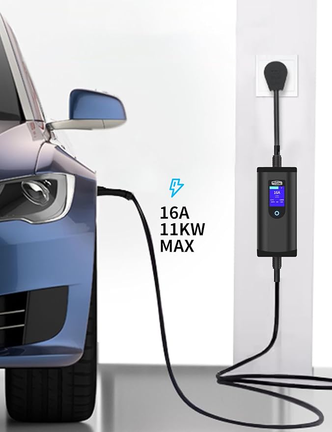 Przenośna ładowarka EV, 11 kW, 3-fazowa, 6-16 A, z regulowanym prądem, sterowaniem za pomocą aplikacji, kable, ochrona IP65, kompatybilna ze wszystkimi pojazdami PHEV/EV, WiFi, Bluetooth - obrazek 5