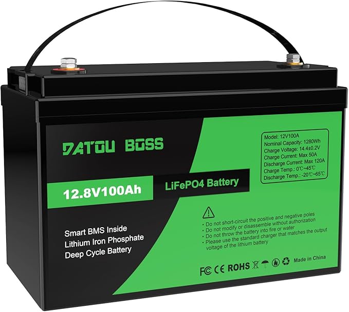 DATOUBOSS 12V 100Ah akumulator LiFePO4, 1280Wh litowy z ulepszonym BMS 100A, 8000-15000 cykli głębokiego rozładowania, obsługa szeregowa/równoległa, do kamperów, paneli słonecznych, zastosowań