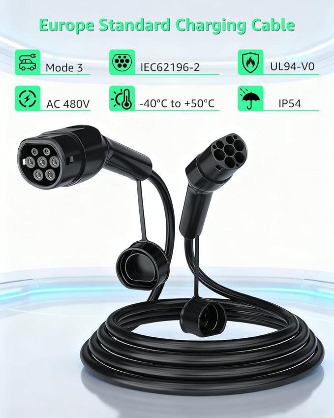 GONEO Kabel do ładowania samochodu elektrycznego typu 2, 11 kW/6 metrów/16 A/trójfazowy/tryb 3/IP54, wodoodporny, kabel szybkiego ładowania do hybrydowych pojazdów elektrycznych Plug-in - obrazek 3