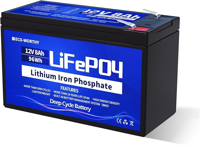 ECO-WORTHY LiFePO4 akumulator litowy 12 V, 8 Ah, z ochroną BMS i do 15000 głębokich cykli na kemping, do instalacji solarnych, kamperów, lokalizatorów ryb, wózków dziecięcych, łodzi, paneli