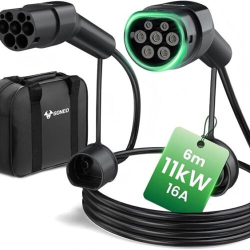 GONEO Kabel do ładowania samochodu elektrycznego typu 2, 11 kW/6 metrów/16 A/trójfazowy/tryb 3/IP54, wodoodporny, kabel szybkiego ładowania do hybrydowych pojazdów elektrycznych Plug-in