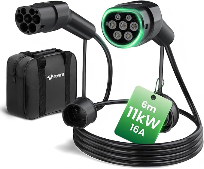 GONEO Kabel do ładowania samochodu elektrycznego typu 2, 11 kW/6 metrów/16 A/trójfazowy/tryb 3/IP54, wodoodporny, kabel szybkiego ładowania do hybrydowych pojazdów elektrycznych Plug-in