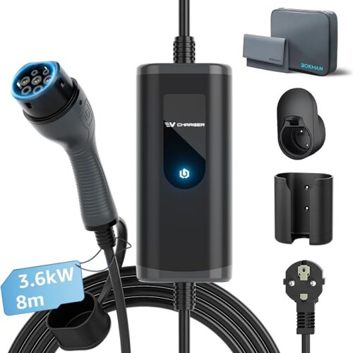 bokman Ładowarka EV [16A, 3.68kW, 8 metrów], przenośna ładowarka typu Type2 – Schuko Plug&Play do pojazdów elektrycznych (EV) i hybryd typu plug-in (PHEV)