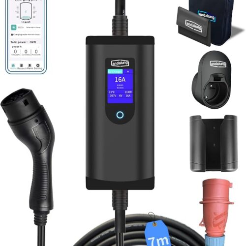 Przenośna ładowarka EV, 11 kW, 3-fazowa, 6-16 A, z regulowanym prądem, sterowaniem za pomocą aplikacji, kable, ochrona IP65, kompatybilna ze wszystkimi pojazdami PHEV/EV, WiFi, Bluetooth