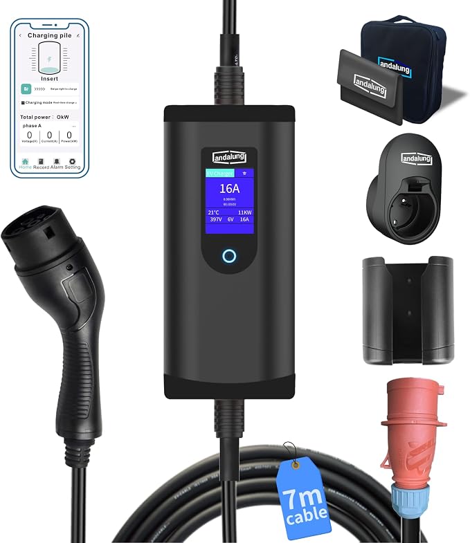Przenośna ładowarka EV, 11 kW, 3-fazowa, 6-16 A, z regulowanym prądem, sterowaniem za pomocą aplikacji, kable, ochrona IP65, kompatybilna ze wszystkimi pojazdami PHEV/EV, WiFi, Bluetooth