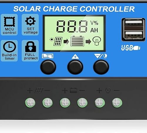 [Ulepszony] Depvko 30A regulator ładowania słonecznego, regulator panelu słonecznego 12V/24V z regulowanym wyświetlaczem LCD, podwójnym portem USB, ustawieniem timera, automatycznym parametrem PWM