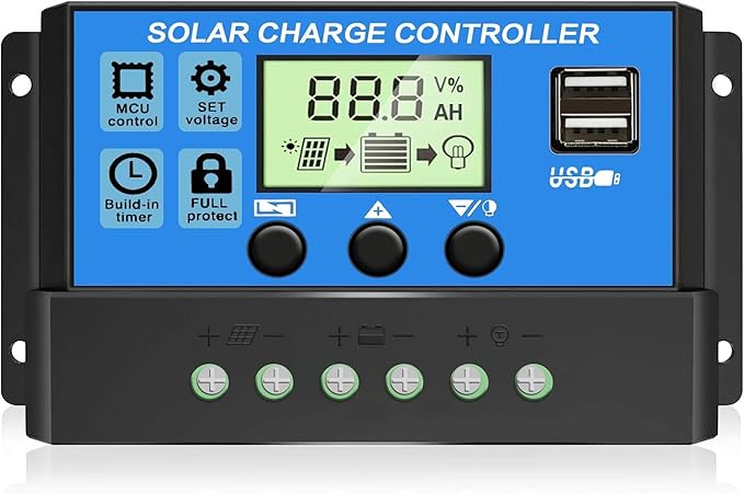 [Ulepszony] Depvko 30A regulator ładowania słonecznego, regulator panelu słonecznego 12V/24V z regulowanym wyświetlaczem LCD, podwójnym portem USB, ustawieniem timera, automatycznym parametrem PWM