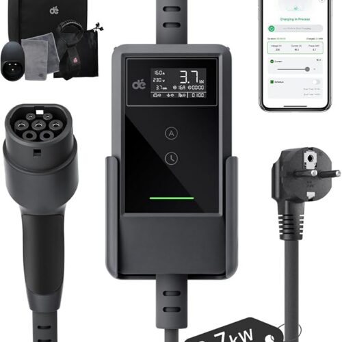 dé Ładowarka Samochodowa EV Typu 2 Schuko 3,7 kW [7m, 6-16A] z Uchwytami na Kabel i Wyświetlaczem LCD - Kompatybilna z Model 3/Y, ID.3/4/5, MG4, Q4