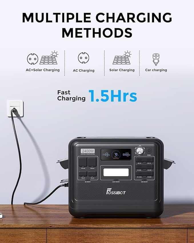 FOSSiBOT F2400 Generator z panelem słonecznym 200 W, przenośna elektrownia 2400 Wh LiFePO4 2048 Wh z mocą wyjściową 3 AC (szczytowa 4800 W), 13 gniazdek, do przechowywania energii, biwakowania - obrazek 4
