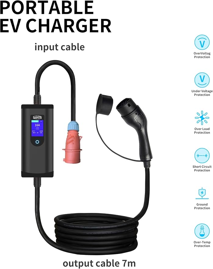 Przenośna ładowarka EV, 11 kW, 3-fazowa, 6-16 A, z regulowanym prądem, sterowaniem za pomocą aplikacji, kable, ochrona IP65, kompatybilna ze wszystkimi pojazdami PHEV/EV, WiFi, Bluetooth - obrazek 3