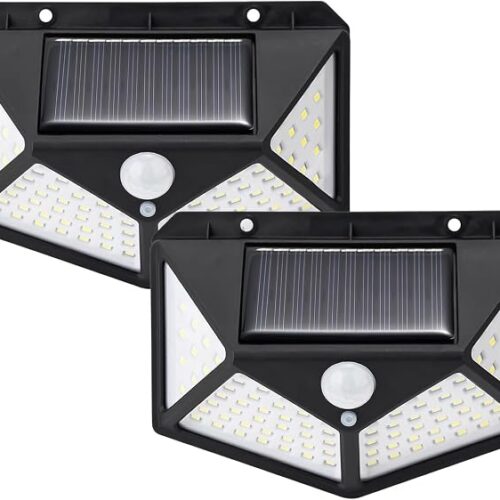 GRIFEMA Zewnętrzny reflektor zewnętrzny LED z czujnikiem ruchu, 100 diod LED, 3 tryby, kąt 270°, IP65, bateria 800 mAh, lampa solarna do ogrodu, 2 sztuki, GDK203-2