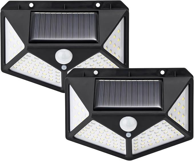 GRIFEMA Zewnętrzny reflektor zewnętrzny LED z czujnikiem ruchu, 100 diod LED, 3 tryby, kąt 270°, IP65, bateria 800 mAh, lampa solarna do ogrodu, 2 sztuki, GDK203-2