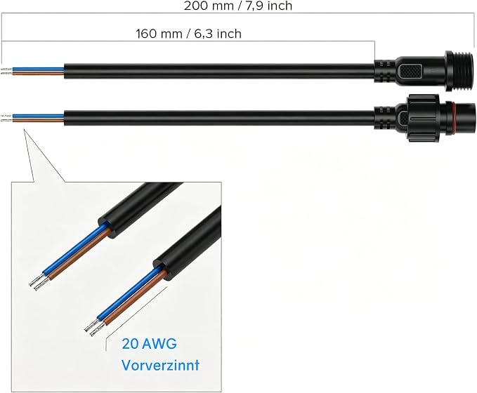Powice 6 par złączy wtykowych, 2-biegunowe, męskie, żeńskie, 2-biegunowe, IP67, wodoodporne złącza elektryczne, 20 wtyków AWG LED, przedłużacz 20 cm do łańcuchów świetlnych LED - obrazek 3