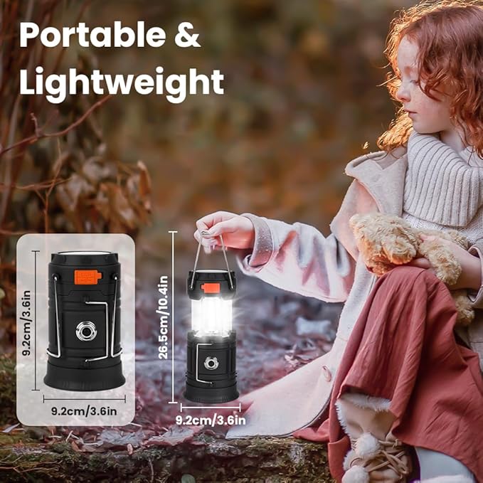 HOTUT Latarka kempingowa, ładowalna lampa, przenośna latarnia słoneczna, latarka ze składanym uchwytem, korbą i ładowarką USB, LED światło na kemping, piesze - obrazek 2