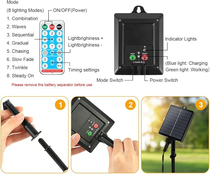 AUAUY Lampy łańcuchowe solarne, 11 m/36 stóp, 60 diod LED, świetlne kule, 8 trybów, wodoodporne, migoczące światła solarne na zewnątrz, do ogrodu, taras, altanki, balkon, wesele, ozdoby na Boże - obrazek 5