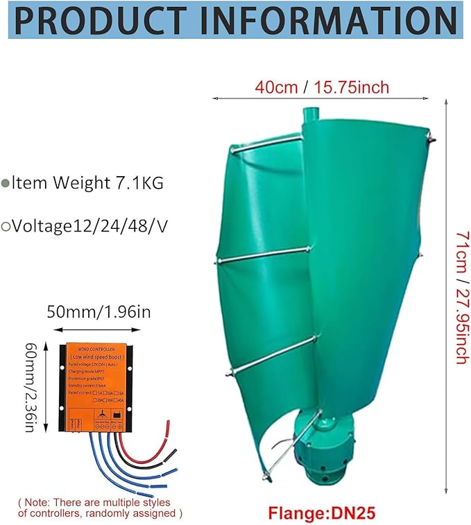 Mieszkalna pionowa turbina wiatrowa, generator wiatru 14000 W 12 V/24 V/48 V, 2-łopatowa magnetyczna oś lewitacji z kontrolerem do altany, chat i domków mobilnych(turkusowy, 12 V - obrazek 2
