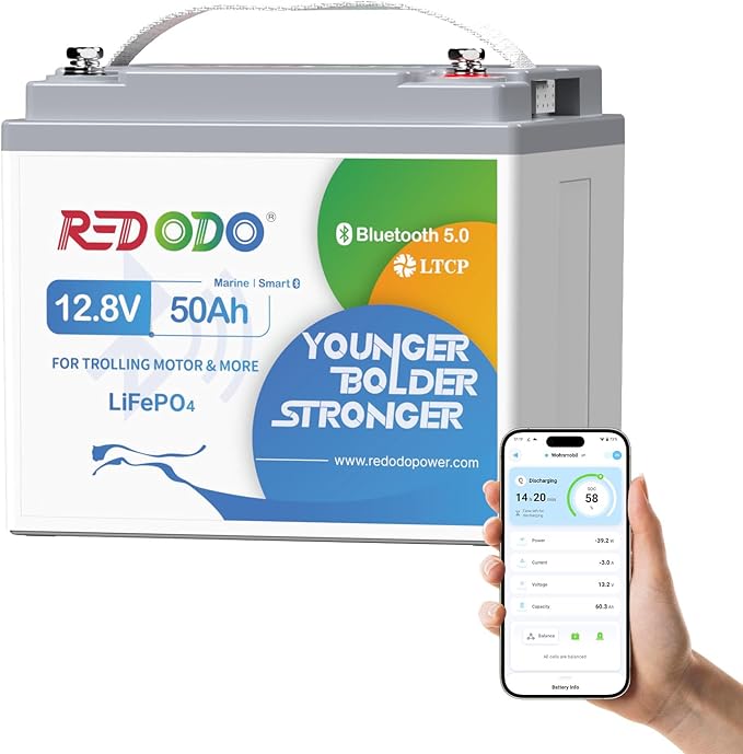 Redodo Akumulator LiFePO4 12 V 50 Ah Bluetooth do silników trollingowych, z ochroną przed niską temperaturą 50 A BMS, akumulator litowy 640 Wh, idealny do kamperów, łodzi, na kemping, 10 lat