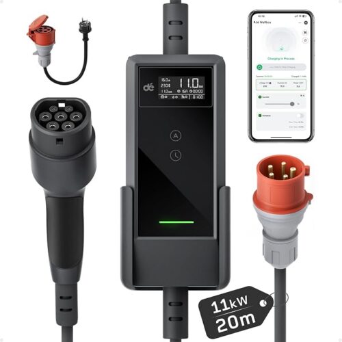 dé Komórka Wallbox 11kW z aplikacją, kabel do ładowania typu 2 20m, trójfazowy 6-16A, ładowarka samochodowa CEE 16A 400 V z regulowaną mocą, do ID.3/4/5/7, iX1, model 3/Y i innych EV/PHEV