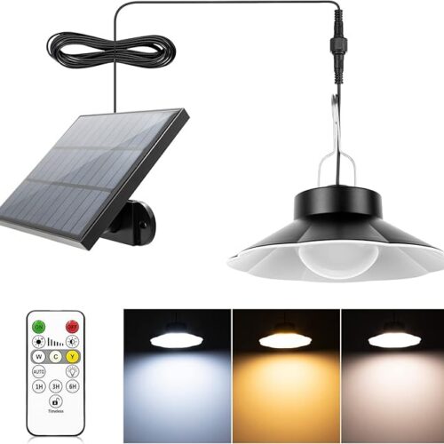 AGOTD Zewnętrzna lampa słoneczna, lampa wisząca solarna z pilotem zdalnego sterowania, 3 kolory, kabel 5 m, 6 jasność, IP65 wodoodporny, oświetlenie ogrodowe balkon podjazd