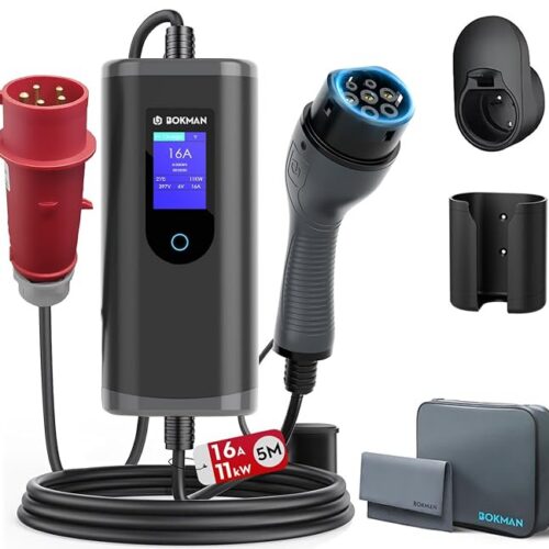 bokman Ładowarka EV CEE 16A / 3-fazowa /11kW / 5M Regulowany prąd Wallbox Kabel do ładowania typu 2 z cyfrowym sterowaniem LCD do modeli Tesla Y/3, ID.3/4/5, e-Tron, Zoe i PHEVs