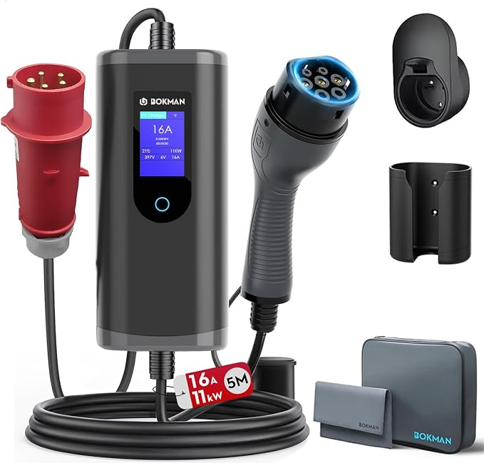 bokman Ładowarka EV CEE 16A / 3-fazowa /11kW / 5M Regulowany prąd Wallbox Kabel do ładowania typu 2 z cyfrowym sterowaniem LCD do modeli Tesla Y/3, ID.3/4/5, e-Tron, Zoe i PHEVs
