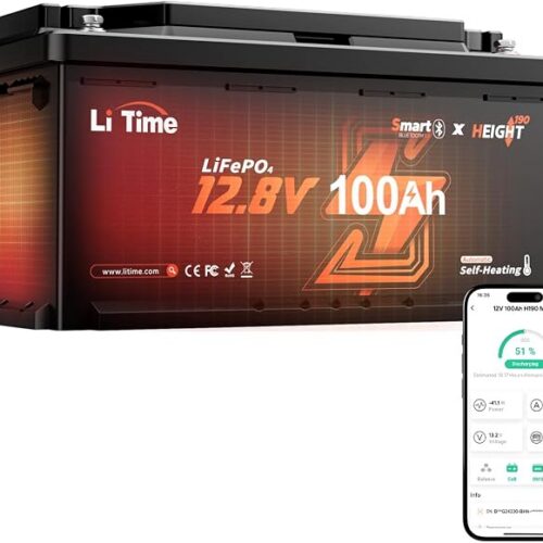 LiTime LiFePO4 Bateria 12V 100Ah W190 Bluetooth, 200A BMS, Inteligentne Grzanie, Wyjście 2C Dużego Prądu, Ochrona Przed Niską Temperaturą, 4000+ Cykli, Do Kamperów, Wymiar DIN H8 L5 GROUP49
