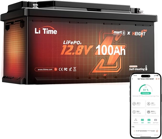 LiTime LiFePO4 Bateria 12V 100Ah W190 Bluetooth, 200A BMS, Inteligentne Grzanie, Wyjście 2C Dużego Prądu, Ochrona Przed Niską Temperaturą, 4000+ Cykli, Do Kamperów, Wymiar DIN H8 L5 GROUP49