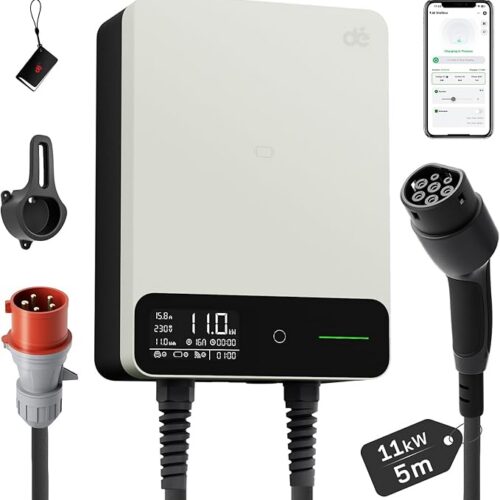 dé Skrzynka ścienna typu 2, 11 kW, z aplikacją i RFID, 6-16 A, 3-fazowa ładowarka EV, 400 V z kablem do ładowania 5 m i uchwytem na kabel do ochrony BEV/PHEV, RCD typu B i IP54, wydajna stacja