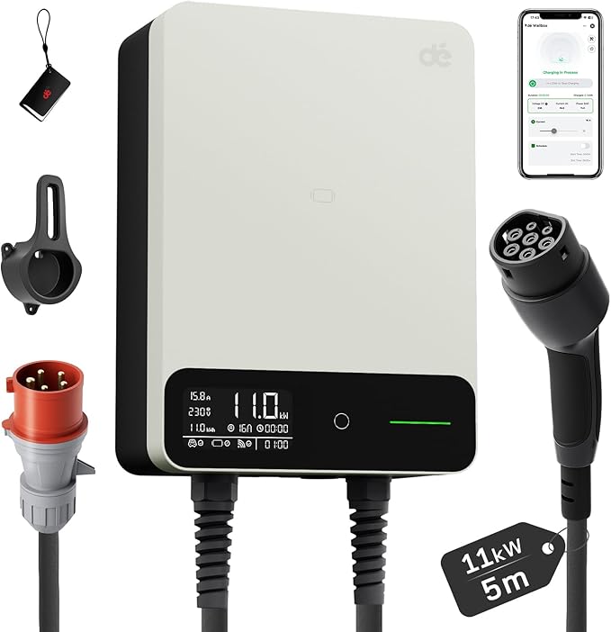 dé Skrzynka ścienna typu 2, 11 kW, z aplikacją i RFID, 6-16 A, 3-fazowa ładowarka EV, 400 V z kablem do ładowania 5 m i uchwytem na kabel do ochrony BEV/PHEV, RCD typu B i IP54, wydajna stacja